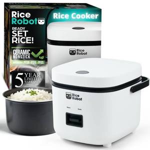 lot 1041 image: Rice Robot Personal Rice Cooker, PFAS-free, Nonstick. 1 Quart Capacity, with Stainless Steel Steamer Tray, Measuring Cups, Recipe Book with 60 Recipes, and Serving Spoon, As Seen On TV - Retail $40