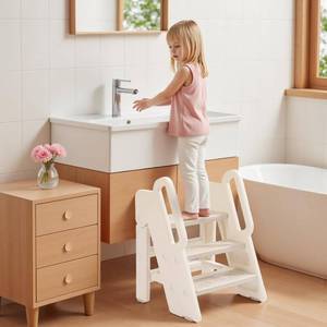 lot 1050 image: Vanpolchy Step Stool for Toddlers, Foldable Toddler Step Stool for Bathroom Sink, 150lbs Load Bearing Kids Stool Helper for Toilet Sink with Non-Slip and Anti-Tip Design, Kids Step Stool for Bathroom - Retail $44
