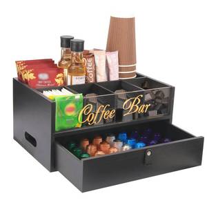 lot 1051 image: Intarsio 2-Tier Coffee Bar Organizer with Clear Acrylic Top, Built-in Drawer and Leather Handle Pull for Countertop, Stylish Coffee Station Storage Box for Accessories, Pods, Great Gifts for Home - Retail $36