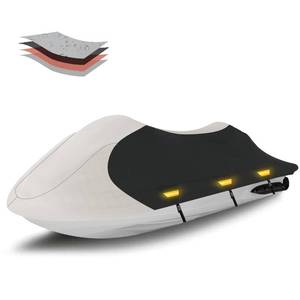 lot 1052 image: Solim Trailerable Jet Ski Cover, 1200D PU Oxford Waterproof Jetski Cover, Heavy Duty Marine Grade Polyester PWC Cover with Reflective Air Vent & Strap for Yamaha Sea-Doo Kawasaki 2-3 Seater Gray&Black - Retail $55