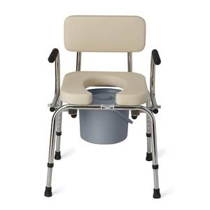 lot 1065 image: Guardian Drop Arm Commode with Padded Seat and Backrest, Durable Toilet Chair for Adults and Seniors, Removable Pail, Splash Guard, Drop Down Arms for Easy Transfer, 350 lb. Weight Capacity, Tan - Retail $140