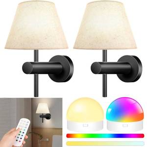 lot 1067 image: StarMoitic 10000mAh Battery Operated Wall Sconces Set of Two with Remote, RGB Wireless Rechargeable Battery Powered Wall Light Black Wall Lamp, Night Light Magnetic Bulbs for Bedroom, Living Room - Retail $50