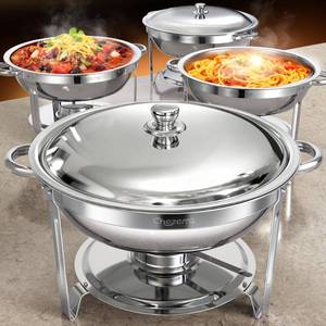 lot 1073 image: Chafing Dishes for Buffet, 4 Pack 5QT Round Stainless Steel Chafing Dish Set with Lid Holder for Home Parties, Christmas Gatherings, Catering Events, Complete Buffet Warmer Set - Silver - Retail $130