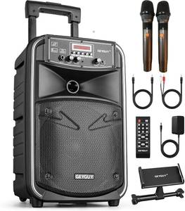 lot 1080 image: GTSK8-2 Portable Bluetooth PA Speaker - 8 Rechargeable Outdoor Karaoke Party Speaker, Audio System wWireless Mic and Wheels, LED Display, FMAUXMP3USBSD - Ideal for Parties, Events, Outdoors - Retail $123