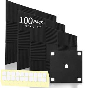 lot 1168 image: 100 Pack Acoustic Foam Panels, Premium Sound Proof Foam Panels Black, Soundproof Wall Panels,High Density Acoustic Panels,Sound Absorbing for Studio Office Home, 12 x 12x 1Inch - Retail $60