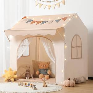 lot 1180 image: besrey Kids Play Tent with Eave, Toddler Tent 2 in 1 with Padded Mat and Lights, Large Playhouse with 2 Doors & 2 Windows, Indoor & Outdoor, Christmas Toddler Playhouse, 51 x35 x 47 - Retail $54