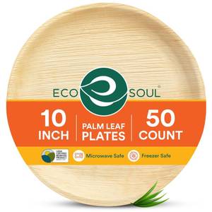 lot 1186 image: ECO SOUL 10 Inch Disposable Palm Leaf Plates 50 Pack Premium Food-Safe Heavy Duty Compostable Bamboo Paper Plates for Lunch, Dinner, Birthday, Weddings, Party, Camping & Catering Events Round - Retail $39