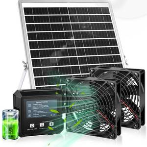 lot 1190 image: Solar-Powered Exhaust Fan with Battery & Smart Sensing �� 25W Solar Panel, 2  4.7 Fans, 3 Modes, IP65 Waterproof  Ideal for Chicken Coop, Dog House, Shed, Greenhouse, Outside - Retail $60