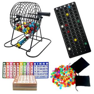 lot 1191 image: JUNWRROW Deluxe Bingo Game Set-Includes Bingo Cage,600 Colorful Bingo Chips with a Bag,100 Mixed Bingo Cards,75 Calling Balls with a Bag,Plastic Master Board-Ideal for Large Groups, Parties - Retail $24