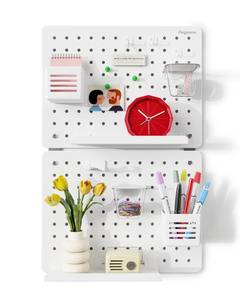 lot 1193 image: PEGZONE Pegboard Wall Organizer Combination Kit, Overall 25.4x16.6 Metal Office Pegboard with 13 Accessories, Wall Mounted Peg board Display Panels for Home, Gaming Room, Garage (2Pcs,White) - Retail $40