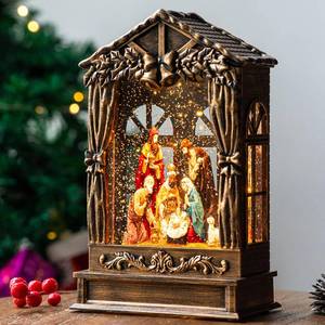 lot 1202 image: Christmas Snow Globe Lighted Manger Nativity Scene, Musical Window Water Lantern Play Silent Night Music in Swirling Glitter, Holiday Decorations Gift - Retail $50