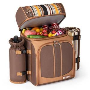 lot 1203 image: ALLCAMP Picnic Backpack - Insulated Cooler Bag with Compartment, Detachable Wine Glass Holder, Throw Blanket & Cutlery Set,2 Person Picnic Set for Family Outings, Couple Gifts (Brown) - Retail $57