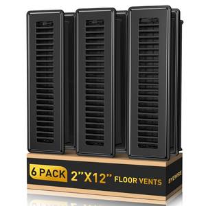 lot 1212 image: BYEWIRE 2x12 Floor Register 6-Pack, Heavy Duty Steel Floor Vent Covers, Adjustable Quiet Airflow Vent Grill, Rust-Proof Black Finish 2 inch by 10 Inch HVAC Vents for FloorSidewall - Retail $40