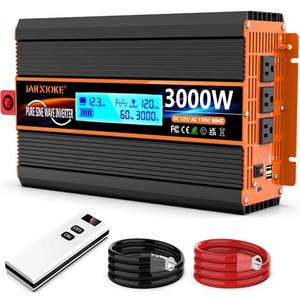 lot 1217 image: 3000 Watt Pure Sine Wave Power Inverter 12V DC to 110V 120V Converter for Family RV Off Grid Solar System Car with Type-C Ports 4 AC Power Outlets Dual USB Ports LCD Display Wireless Remote Control - Retail $205