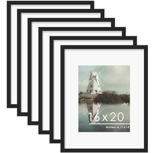 lot 1226 image: PEALSN 16x20 Picture Frame Set of 6, Display Pictures 11 x 14 with Mat or 16 x 20 without Mat for Wall Mounting Display, Poster Frames Collage for Wall Decor, Black. - Retail $46