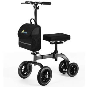 lot 1235 image: Purple Homland Collapsible All Terrain Knee Scooter for Adults for Foot Surgery, Adjustable Knee Walker Cart with Basket, Alternative to Crutches for Broken Leg Ankle Injuries, Dual Brakes - Retail $130