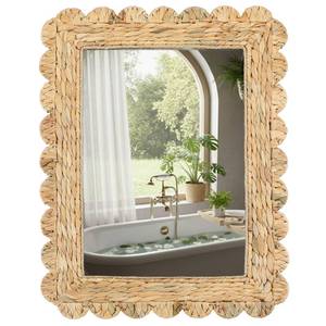 lot 1240 image: Fiwochic Large Scalloped Water Hyacinth Wall Mirror 23 x 17 Decorative Natural Rattan Wall Wavy Mirror with Authentic Rattan Frame for Bathroom, Living Room, Entryway Decor - Retail $50