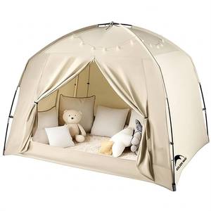 lot 1245 image: Bed Tents for Kids and Adult, Portable 100% Breathable and 93% Blackout Dream Play Tent, 3 Doors Big Privacy Space Sleeping Canopy for Indoor Floor or Twin Full Queen Sizes Bed (Khaki, Queen- Size) - Retail $60