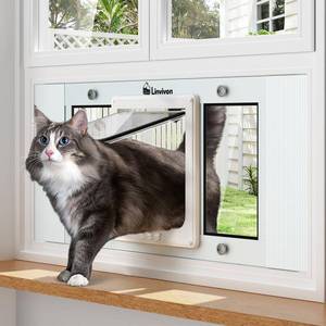 lot 1246 image: Linvivon Cat Door for Window, Quick Installation Adjustable Width of 23-28, Cat Window Door with 4 Locking Modes, Magnetic Closure Design, Weatherproof Aluminum Frame Cat Door Window Insert - Retail $96