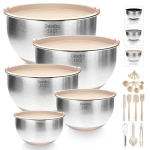 lot 1247 image: Deedro Premium Mixing Bowls with Airtight Lids Set, 22Pcs Thicker Stainless Steel Mixing Bowl Set, Large Prep Metal Bowls, Non-Slip Silicone Base Nesting Bowls for Kitchen, 1.52345 QT, Khaki - Retail $30