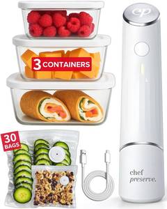lot 1250 image: Chef Preserve Compact Vacuum Sealer for Food (Vacuum Sealer Machine  3 Glass Vacuum Containers  30 Reusable Vacuum Bags) Powerful Handheld Vacuum Seal Machine, Seal Meal Saver, Portable Food Sealer - Retail $130