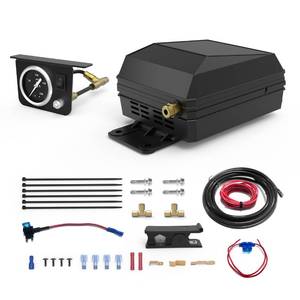 lot 1267 image: Onboard Air Compressor Kit for Air Bag Suspension, In-Cab Control System with OnOff Switch, 12V, 14 Air Line, Universal AirBag Compressor kit for Ford, Chevrolet Silverado, GMC Sierra, Dodge Ram - Retail $108