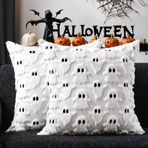 lot 35193 image: Halloween Pillow Covers 18x18 inch Set of 2 White Ghost Throw Pillow Cases Soft Plush Faux Fur Wool Couch Cushion Case for Chair Sofa Bedroom Living Room Home Decor PTK03A18 - Retail $15
