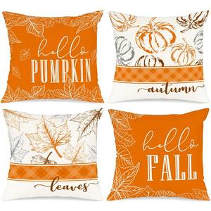 lot 35194 image: 14x14 Fall Pillow Covers Set of 4, Hello Pumpkin Decorative Holiday 14 x 14 Autumn Cushion Covers Thanksgiving Pillow Case for Indoor Home Bedroom Couch Sofa Decor Orange