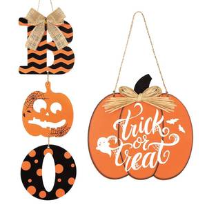 lot 35195 image: 2 Pieces Halloween Decoration Boo Wood Door Wall Signs Trick or Treat, Pumpkin Sign for Home Halloween Party Front Door Outdoor Supply Decoration - Retail $12