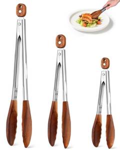 lot 35199 image: Wooden Tongs for Cooking Set of 2 (7,9) Natural Walnut Wooden kitchen Tongs for Grilling, Serving, BBQ and Tossing Salad etc  Ergonomic Stainless Steel Non-Slip Grip, Heat Resistant, Pull Lock - Retail $26