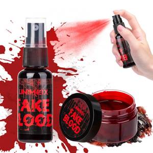 lot 35228 image: 1 OZ Fake Blood Spray and 1 OZ Gel Fake Blood Makeup Kit Washable Sfx Makeup for Clothes Mouth Eyes Stage Blood for Halloween Zombie Vampire Cosplay Party - Retail $7