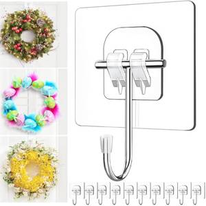 lot 35232 image: Wreath-Hangers-for-Front-Door, Large Clear Wreath-Door-Hanger-Easter-Christmas-Halloween-Decorations,60lb Over-The-Door-Hooks Glass Door, Adhesive-Wall-Hooks for Hanging Wreath Home-Decor Inside Outside - Retail $10