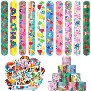 lot 35237 image: 40 Pieces Hawaiian Theme Slap Bracelets with 50 Pieces Hawaii Stickers Summer Hawaii Snap Bracelet for Adult Luau Tropical Gifts Birthday Party Favors - Retail $10