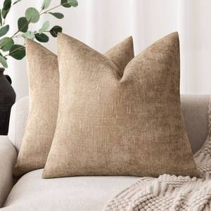 lot 35252 image: Pack of 2 Textured Chenille Throw Decorative Pillow Covers Square Accent Solid Cushion Cover Neutral Farmhouse Pillow Case for Couch Sofa Bedroom Living Room 24x24 Inch, Taupe Khaki Camel - Retail $25