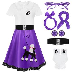 lot 35253 image: 8 Pcs 50s Poodle Skirt Costume Girls Kids Sock Hop Outfit 1950s Costume Accessories Birthday Halloween Cosplay(Purple,7-9 Years) missing belt, sock, earrings  - Retail $36