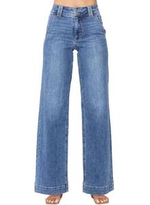 lot 35264 image: Womens Pants Wide Leg Jeans Woman Tummy High Waist Double Button Bootcut Trousers Stretchy Vintage Denim Jean Pants with Slanted Pockets Size 10 Sky Blue - Retail $40