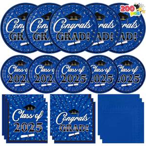 lot 35309 image: Graduation Party Plates and Napkins Blue Dinnerware Set Supplies, 2025 Disposable Dessert Paper Plates Luncheon Cocktail Napkins for Congrats Grad Graduation Decorations, Serve 30 - Retail $2,017