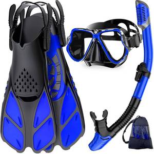 lot 35319 image: Mask Fins Snorkel Set, Snorkeling Gear for Adults, Panoramic View Snorkel Mask Anti-Fog, Adjustable Dive Flippers, Dry Top Snorkel and Travel Bag, Scuba Gear for Swimming Snorkeling Diving - Retail $39