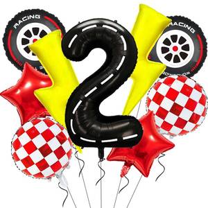 lot 35335 image: Cartoon Race Car Birthday Party Decorations Large Lightning Bolt Foil Balloon Race Car Balloons 40 Inch Racetrack Number 2 Balloon Black Two Fast Balloons for 2nd Cars Themed Birthday Party Decor - Retail $9