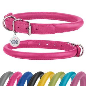 lot 35336 image: Rolled Leather Dog Collar Soft Round Collars, ID Tag for Small Medium Large Dogs (9-12 inch, Pink) - Retail $13