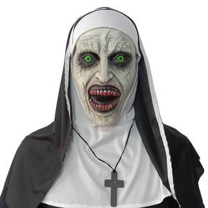 lot 35337 image: Nun Scary Mask, Halloween Party Scary Full Head Costume Mask with cross necklace, Blood mouth - Retail $24