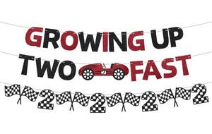 lot 35339 image: Glitter Growing Up Two Fast Banner for 2nd Birthday Party Decorations Black Red Race Car Banner for Boys Two Birthday Backdrop Decor Photo Props Cheers to 2 Years Car Themed 2nd Bday Party Supplies - Retail $10