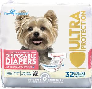 lot 35347 image: Paw Inspired 32ct Disposable Dog Diapers  Female Dog Diapers Ultra Protection  Diapers for Dogs in Heat, Excitable Urination, or Incontinence (X-Small) - Retail $17