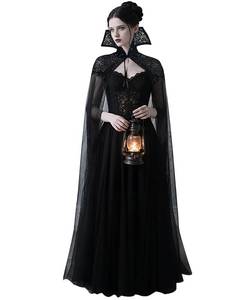 lot 35351 image: Gothic Long Black Tulle Vampire Cape with Stand-Up Lace Collar for Women (Black) - Retail $36