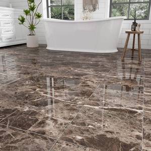 lot 35357 image: 12 x 12 Peel and Stick Floor Tiles Waterproof, Polish Taupe Marble Self Adhesive Vinyl Flooring for Bathroom, Kitchen, Living Room, RV, Vinyl Floor Tiles Cover 10 Sq.Ft, 10-Pack, Glossy Brown - Retail $12