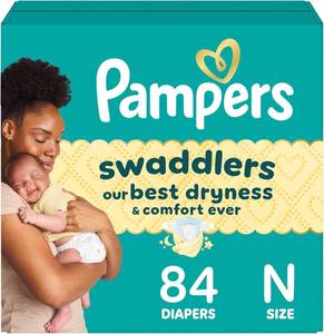 lot 35364 image: Pampers Swaddlers Diapers, Size 0 (up to 10 lbs), 84 Count, Absorbent, Keeps Baby Dry and Comfortable, Skin Safe Disposable Baby Diapers - Retail $30