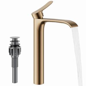 lot 35367 image: Tall Waterfall Bathroom Faucet for Vessel Sink, Modern Single Handle 1 Hole Deck Mount for Tall Bathroom Tops, Pop-Up Drain Stopper & HotCold Supply Hoses, Vessel Sink Faucets Brushed Gold