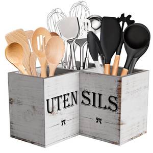 lot 35377 image: Extra Large Kitchen Utensils Holder with 3 Compartments, Corner Shelf, Wooden Utensil Organizer for Kitchen Countertop, Farmhouse Decor, Rustic Cooking Utensil - White grain - Retail $32