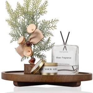lot 35385 image: Round Decorative Tray Wood Bathroom Counter Organizer Farmhouse Kitchen Decor Wooden Riser for Soap Dish, Perfume, Candle, Sponge, 12 - Walnut - Retail $21