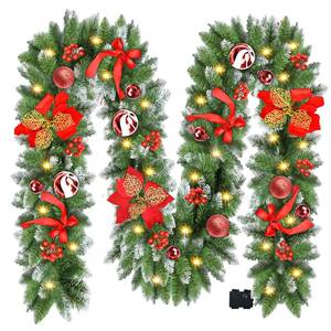 lot 35398 image: Christmas Garland with Lights, 9FT 30 LED Prelit Christmas Garland for Mantle, Outdoor Indoor Christmas Decorations Garland Battery Operated with Timer, Bows, Flowers for Stairs, Railing, Fireplace, Door - Retail $25